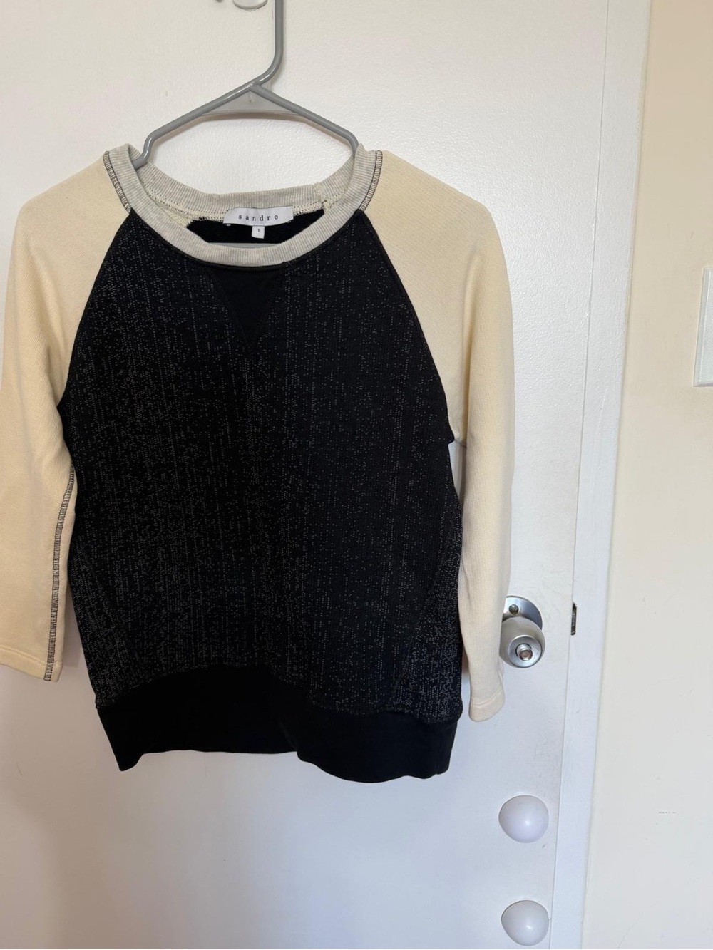 Sandro Black with Cream Raglan Sleeve Crewneck Sweater